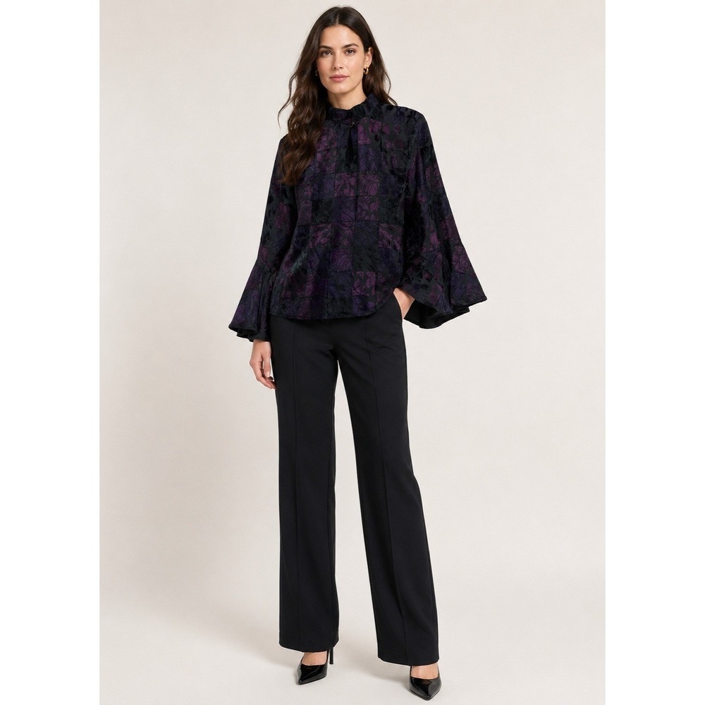 Raaga Whimsigoth Top Womens One Size L Purple Black Rayon Bell Sleeve Vintage